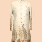 Ivory Silk Sherwani with Majestic Peacock & Forest Embroidery