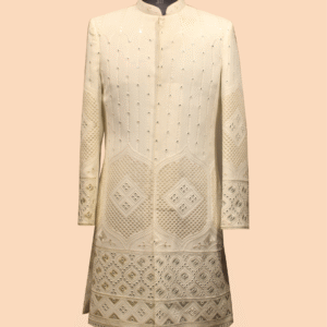 Regal Cream Embroidered Sherwani with Intricate Mirror & Thread Work