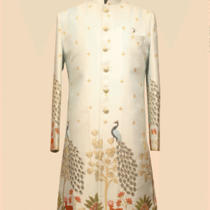 Ivory Silk Sherwani with Majestic Peacock & Forest Embroidery