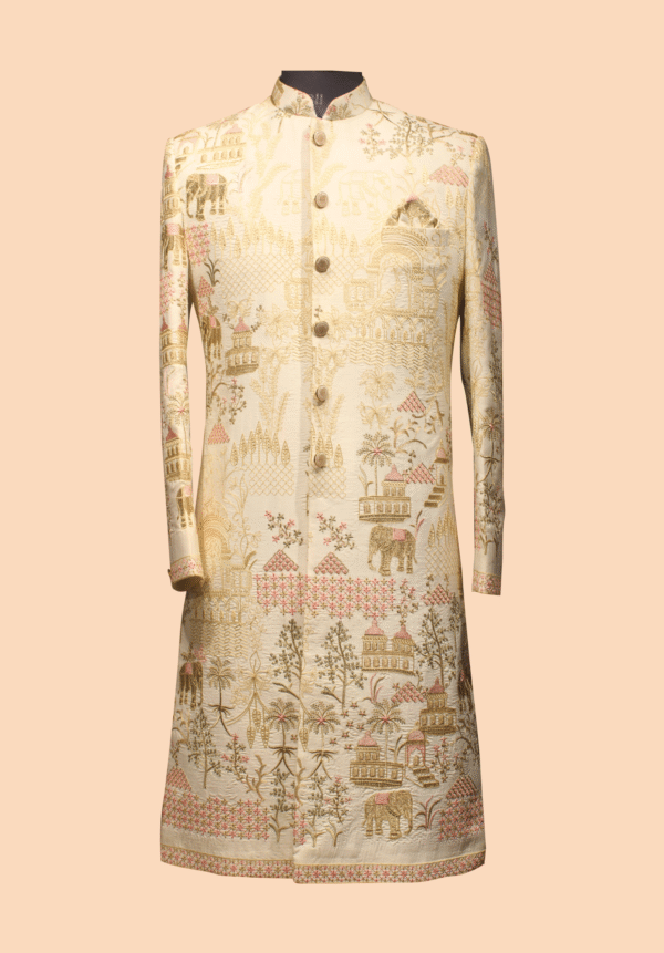 Traditional Indian Long Sherwani with Mandarin Collar