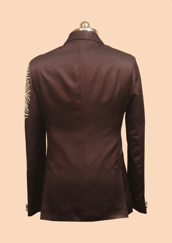 Maroon Designer Tuxedo Blazer with Metallic Lion & Feather Embroidery - Image 2
