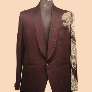 Maroon Designer Tuxedo Blazer with Metallic Lion & Feather Embroidery