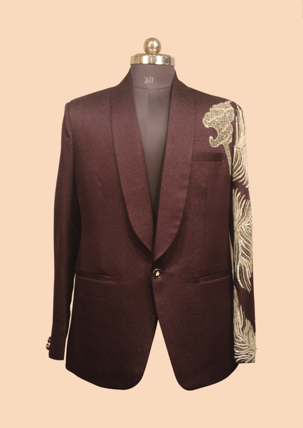Maroon Designer Tuxedo Blazer with Metallic Lion & Feather Embroidery