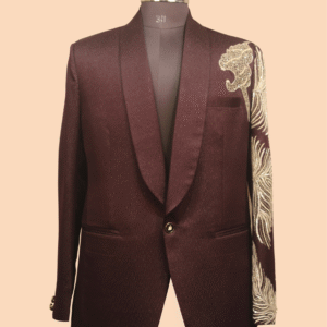 Maroon Designer Tuxedo Blazer with Metallic Lion & Feather Embroidery