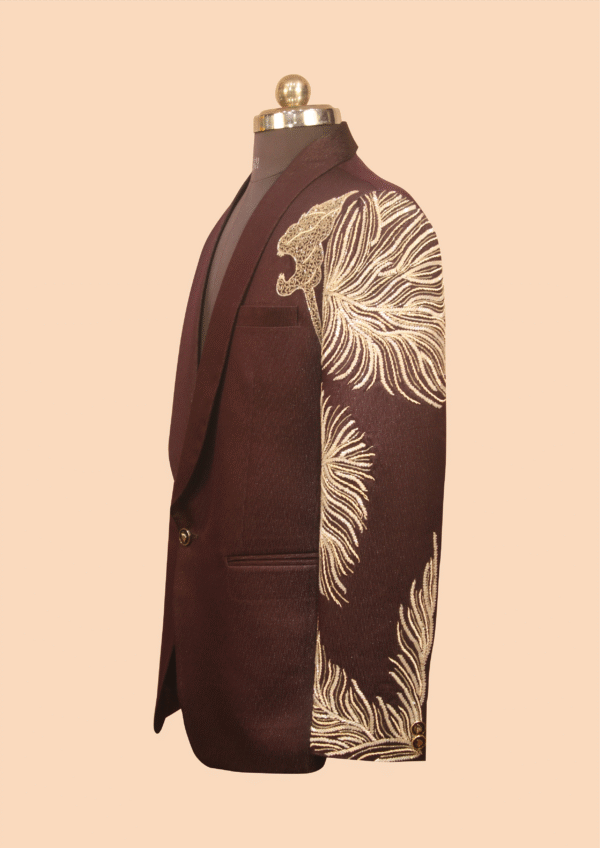 Maroon Designer Tuxedo Blazer with Metallic Lion & Feather Embroidery - Image 3