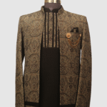 Black & Gold Brocade Indo-Western Sherwani with Decorative Chain Brooch