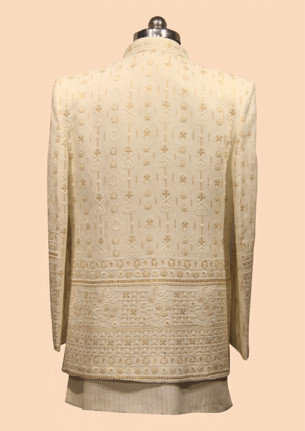 Classic Ivory Indo-Western Sherwani with Geometric and Floral Embroidery - Image 2