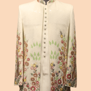 Ivory Indo-Western Sherwani with Dual-Layer Floral Embroidery