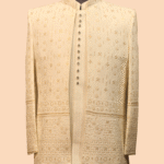 Classic Ivory Indo-Western Sherwani with Geometric and Floral Embroidery