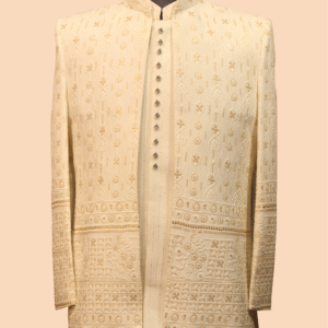 Classic Ivory Indo-Western Sherwani with Geometric and Floral Embroidery