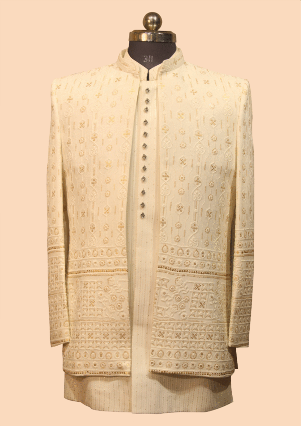 Classic Ivory Indo-Western Sherwani with Geometric and Floral Embroidery