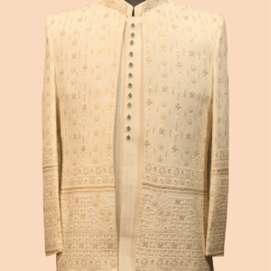 Classic Ivory Indo-Western Sherwani with Geometric and Floral Embroidery