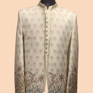 Ivory Pastel Embroidered Indo-Western Sherwani with Animal Motif Detailing