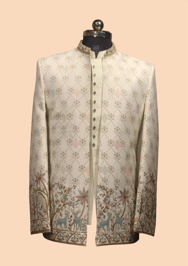 Ivory Pastel Embroidered Indo-Western Sherwani with Animal Motif Detailing