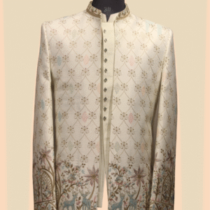 Ivory Pastel Embroidered Indo-Western Sherwani with Animal Motif Detailing