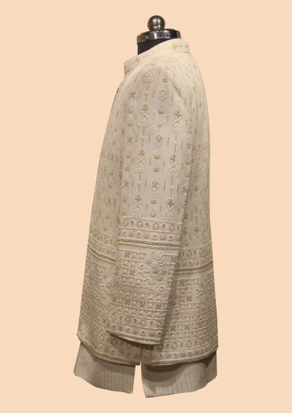 Classic Ivory Indo-Western Sherwani with Geometric and Floral Embroidery - Image 3