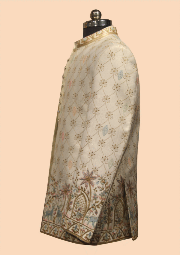 Ivory Pastel Embroidered Indo-Western Sherwani with Animal Motif Detailing - Image 3