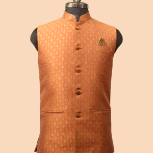 Festive Orange-Gold Brocade Nehru Jacket with Pocket Square