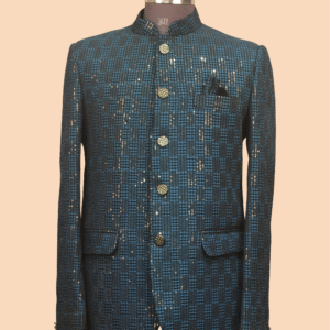 Elegant Blue Sequin-Embellished Jodhpuri Suit with Golden Buttons
