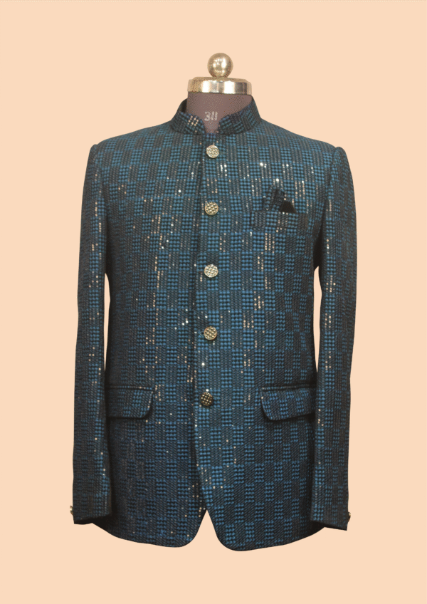 Elegant Blue Sequin-Embellished Jodhpuri Suit with Golden Buttons