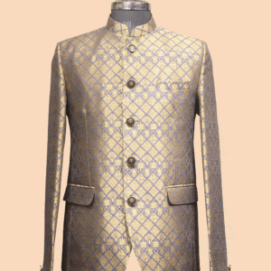 Royal Blue & Gold Brocade Jodhpuri Suit with Geometric Floral Pattern