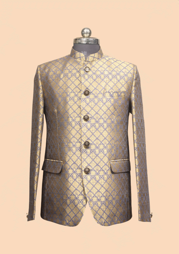 Royal Blue & Gold Brocade Jodhpuri Suit with Geometric Floral Pattern