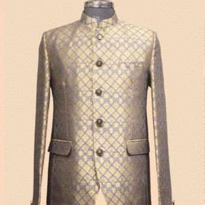 Royal Blue & Gold Brocade Jodhpuri Suit with Geometric Floral Pattern