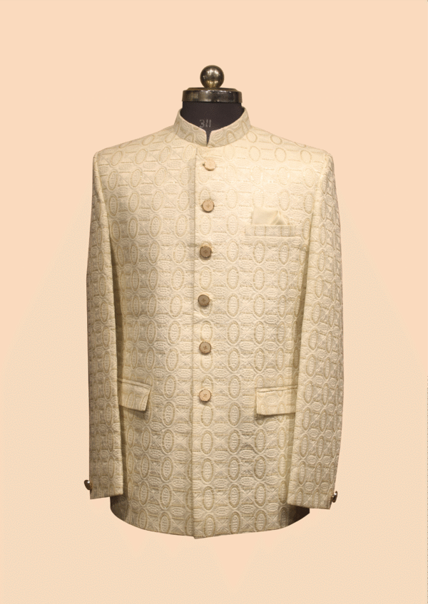 Classic Ivory Jodhpuri Suit with Embossed Oval Pattern