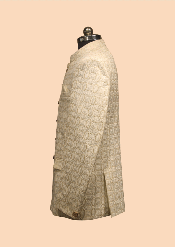 Classic Ivory Jodhpuri Suit with Embossed Oval Pattern - Image 3