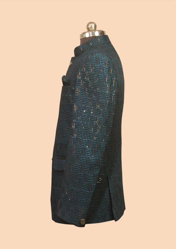 Elegant Blue Sequin-Embellished Jodhpuri Suit with Golden Buttons - Image 3