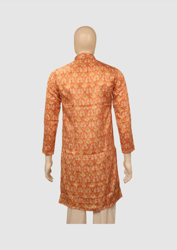 Traditional Orange-Gold Brocade Silk Kurta for Men - Image 2