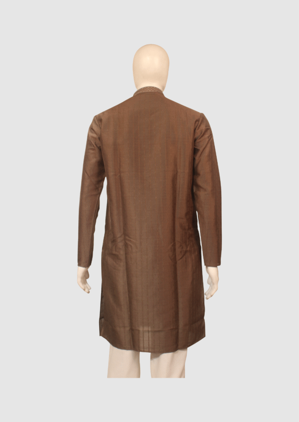 Men’s Classic Chocolate Brown Silk Kurta with Subtle Embroidery - Image 2
