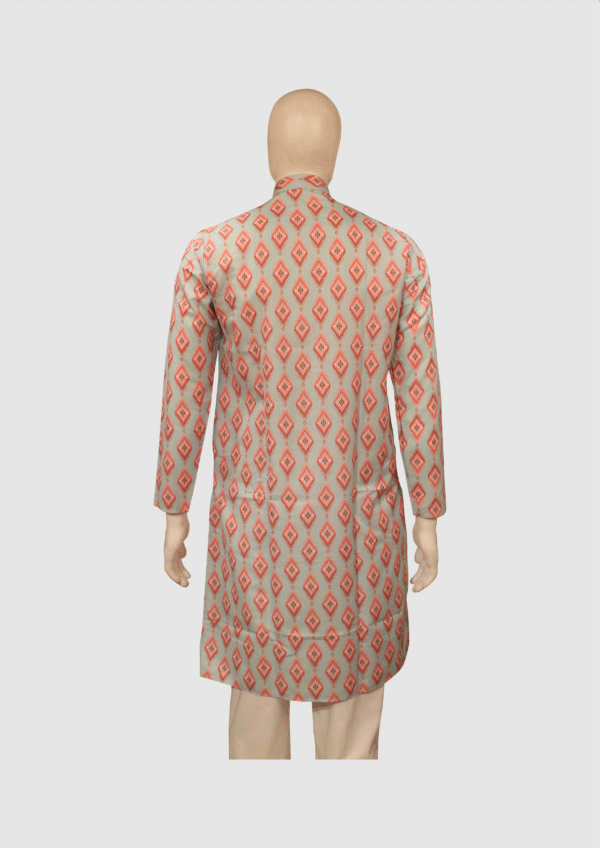 Men’s Mint Green & Coral Printed Festive Kurta - Image 2