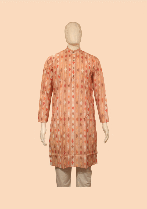 Peach Geometric Pattern Printed Kurta for Men
