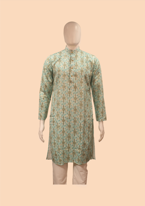 Men’s Light Green & Beige Printed Cotton Kurta