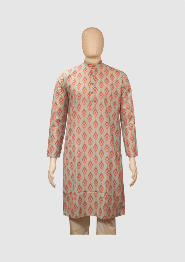 Men’s Mint Green & Coral Printed Festive Kurta