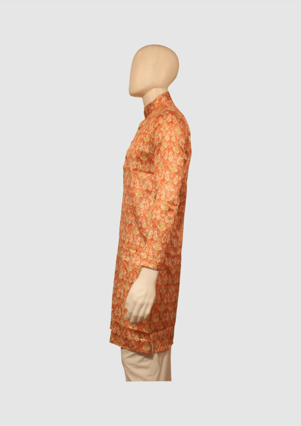 Traditional Orange-Gold Brocade Silk Kurta for Men - Image 3