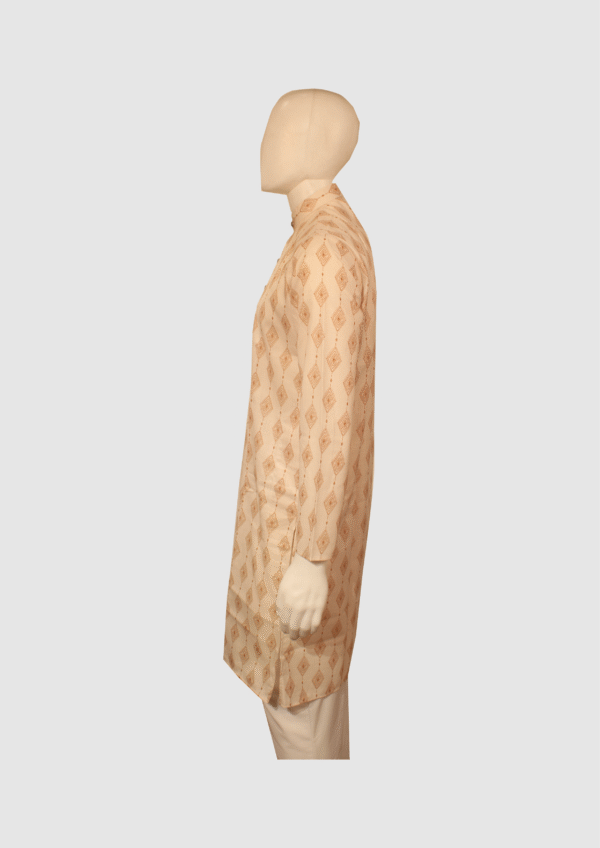 Men’s Peach Gold Printed Silk-Blend Kurta - Image 3