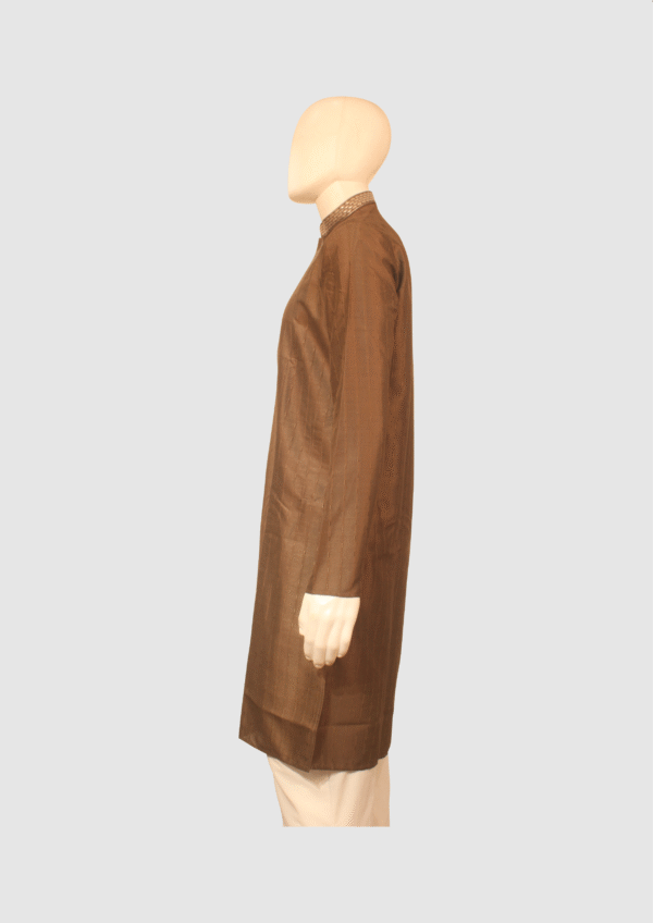 Men’s Classic Chocolate Brown Silk Kurta with Subtle Embroidery - Image 3