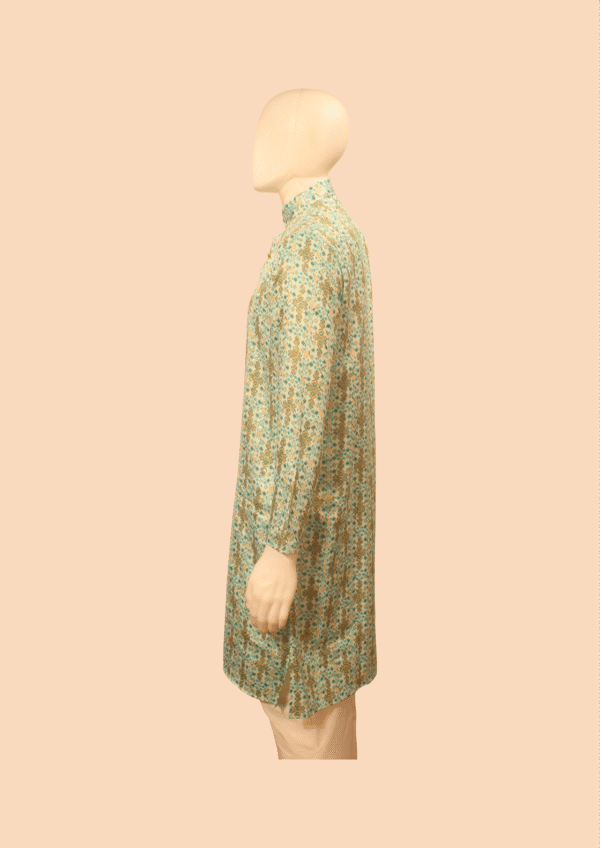 Men’s Light Green & Beige Printed Cotton Kurta - Image 3