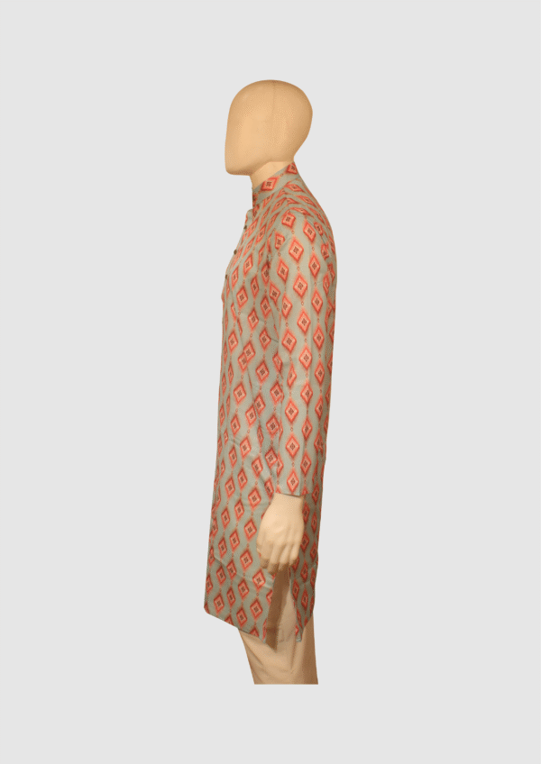 Men’s Mint Green & Coral Printed Festive Kurta - Image 3