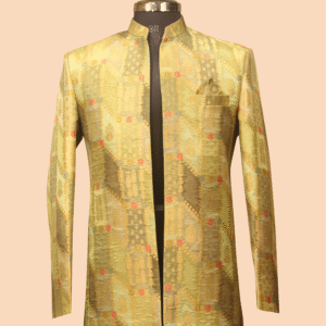 Pastel Gold Open-Front Jodhpuri Jacket with Heritage Patch Motif