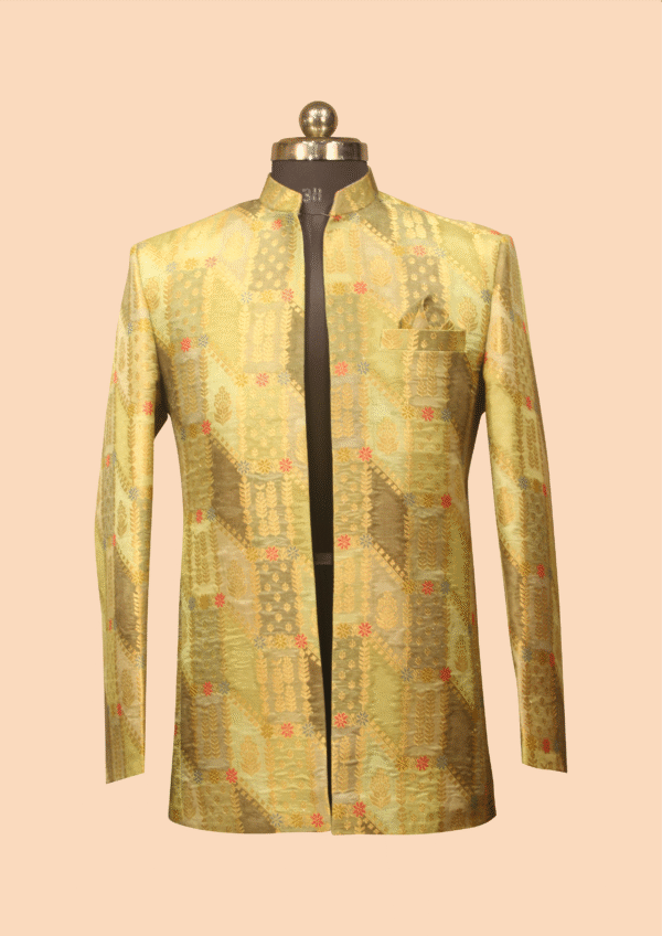 Pastel Gold Open-Front Jodhpuri Jacket with Heritage Patch Motif