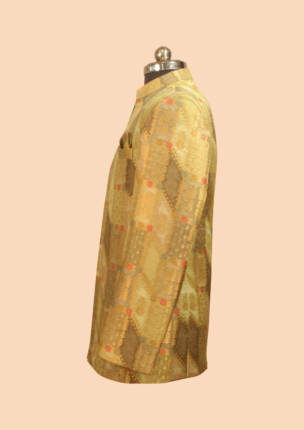 Pastel Gold Open-Front Jodhpuri Jacket with Heritage Patch Motif - Image 3