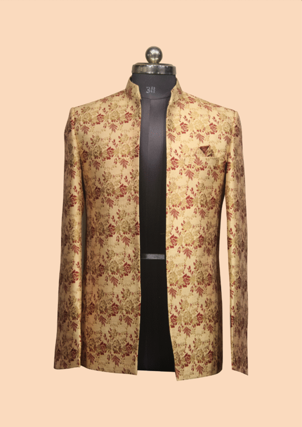 Beige Floral Open-Front Jodhpuri Jacket with Rose Motif