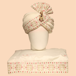 Ivory Embroidered Pagdi and Dupatta Set with Pearl & Ruby Brooch
