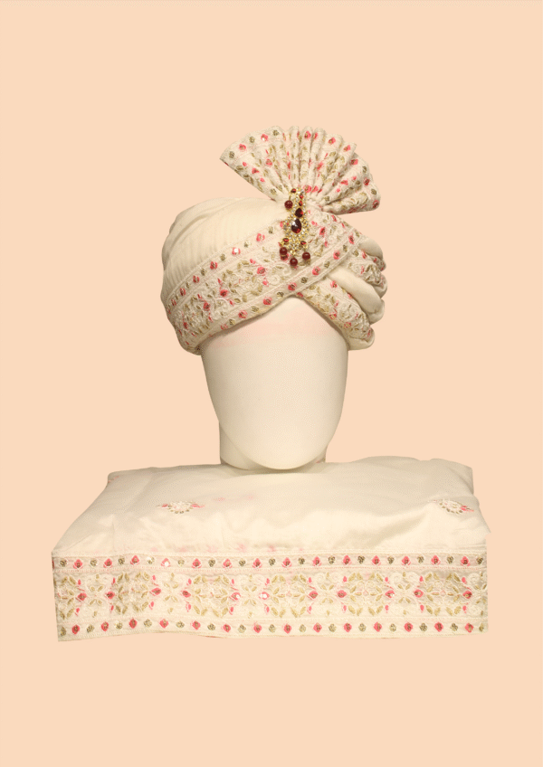 Ivory Embroidered Pagdi and Dupatta Set with Pearl & Ruby Brooch