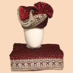 Maroon Velvet Pagdi and Dupatta Set with Pearl Strings and Embroidered Kalgi