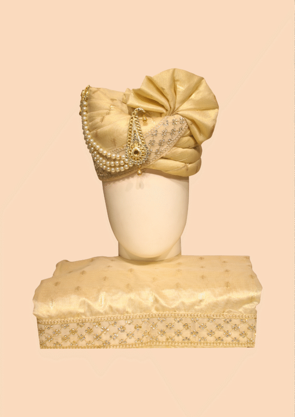 Golden Silk Pagdi and Dupatta Set with Pearl String and Kalgi Ornament