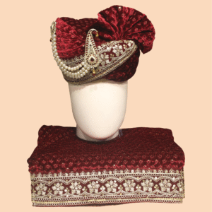 Maroon Velvet Pagdi and Dupatta Set with Pearl Strings and Embroidered Kalgi